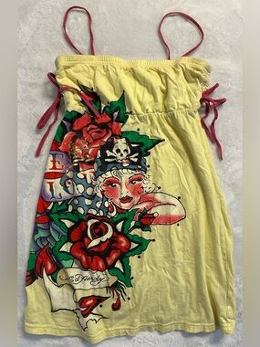 Y2K ED HARDY rare yellow true love graphic print tank, XS-S.